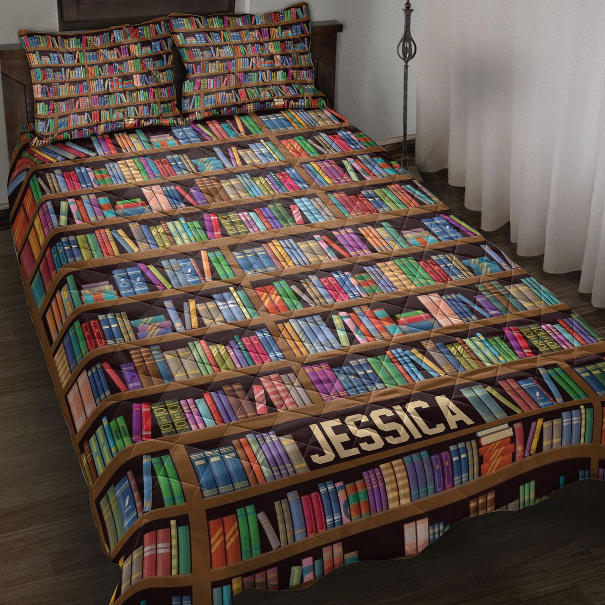 Bookcase quilt blanket spread across a bed with colorful bookshelves and a personalized design panel
