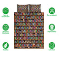 Bookshelf quilt bedding set shown with colorful book artwork and care feature icons
