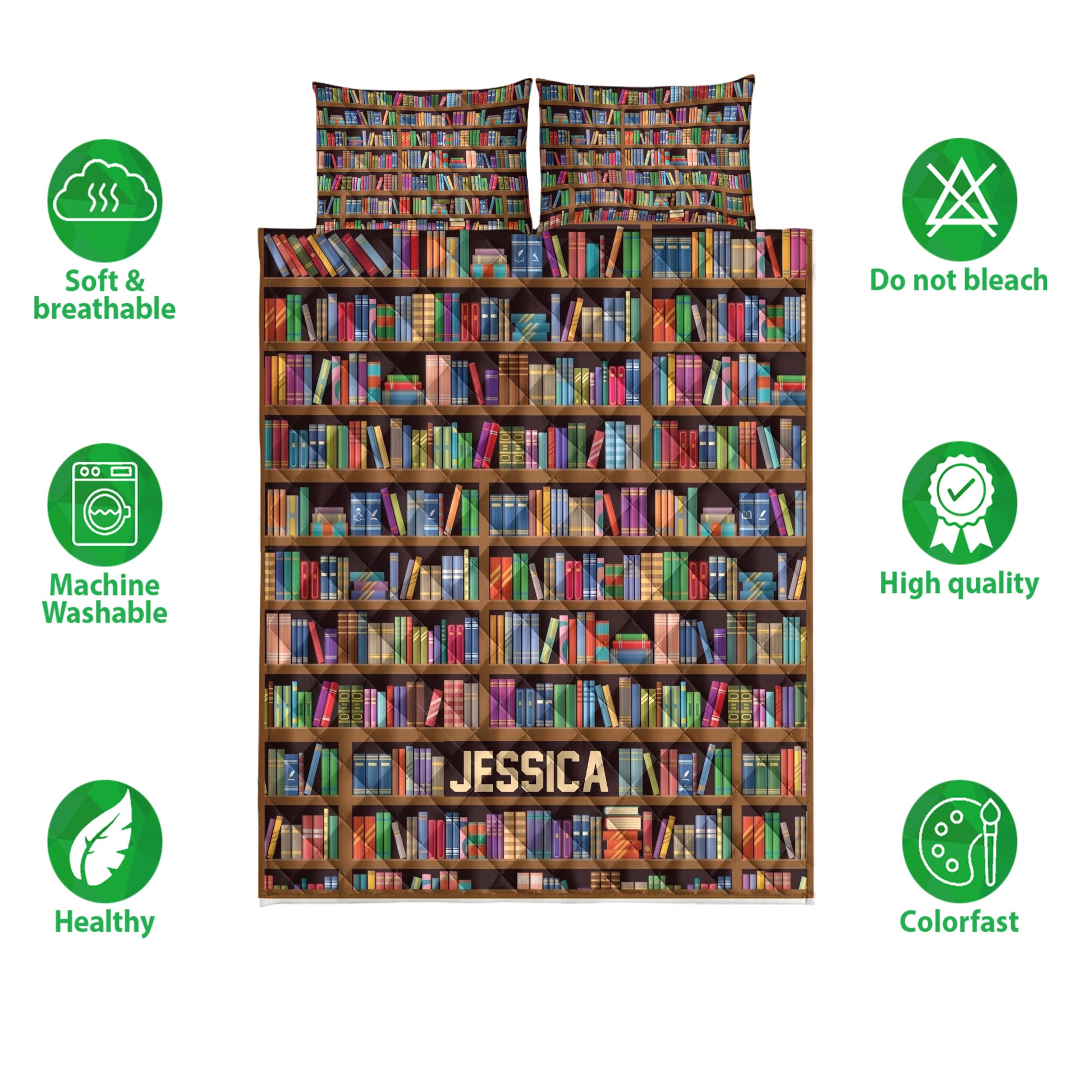 Bookshelf quilt bedding set shown with colorful book artwork and care feature icons