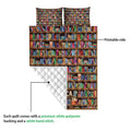 Book-themed quilt showing the printed bookshelf side and white quilted polyester backing
