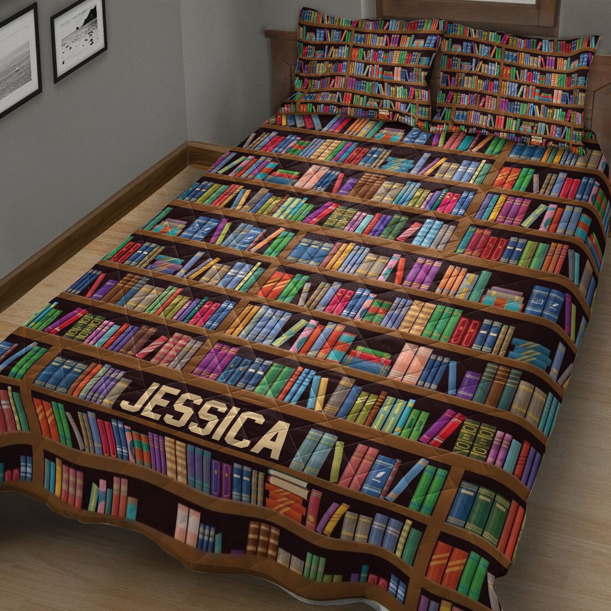 Colorful library bookshelf quilt blanket displayed across a bedroom bed