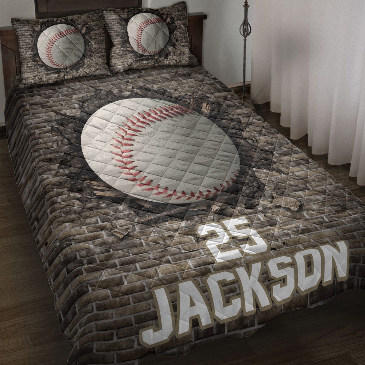 Baseball quilt blanket displayed on a bed with large baseball artwork, brick texture, and dark sports styling