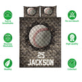 Baseball quilt bedding set shown with bold ball artwork, brick background, and product feature icons