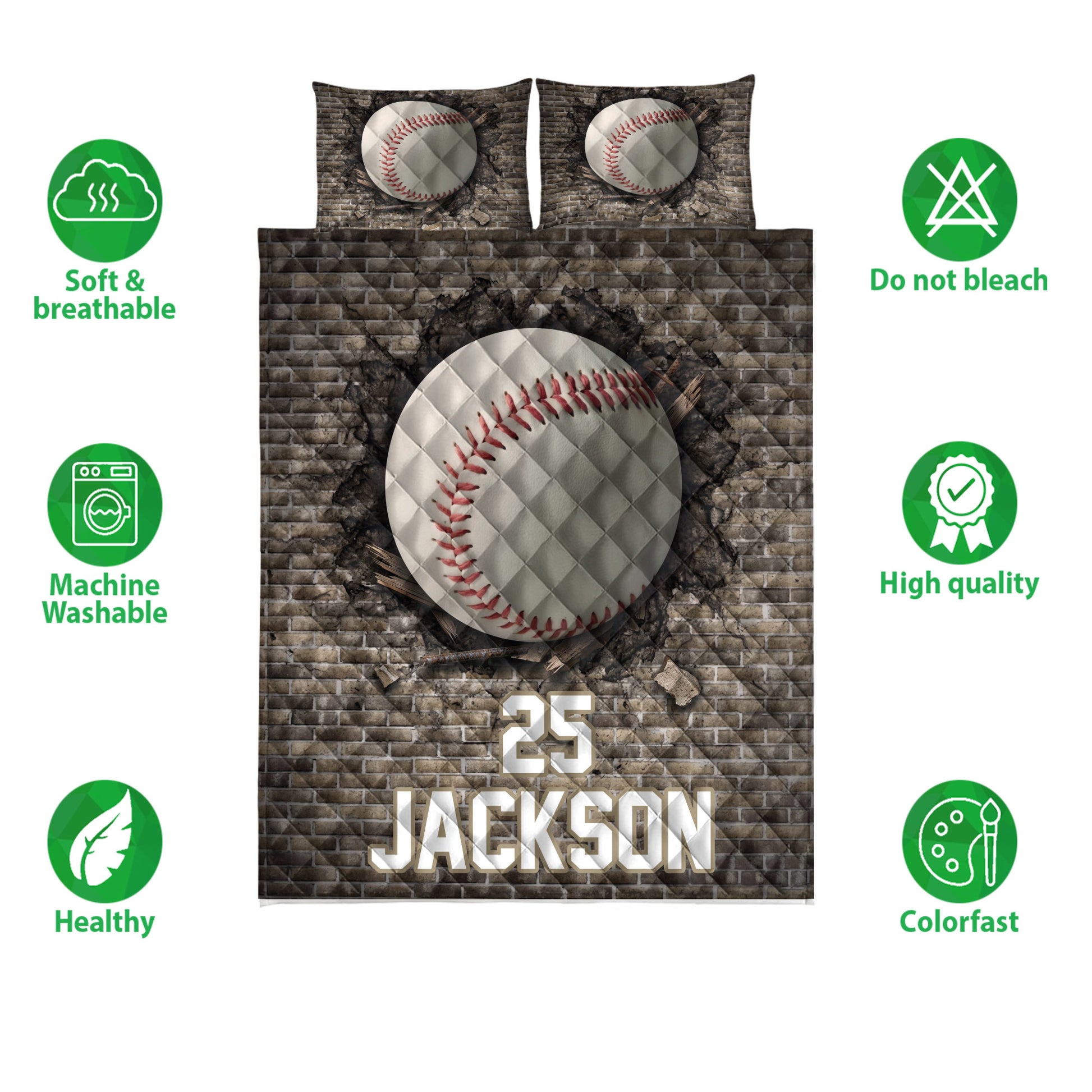 Baseball quilt bedding set shown with bold ball artwork, brick background, and product feature icons