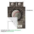 Baseball quilt showing the printed front design and white quilted backing in a detailed product view