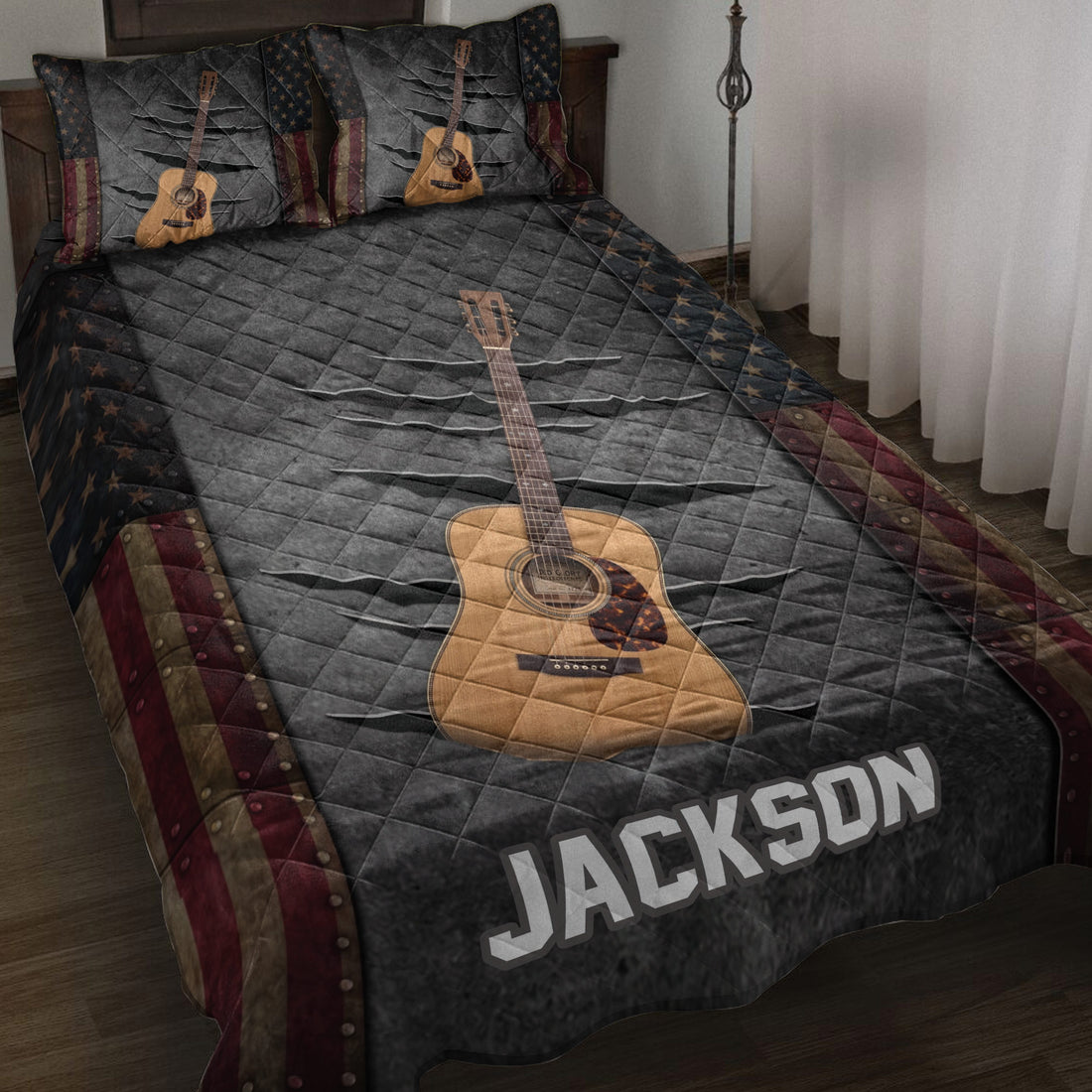 Acoustic guitar quilt blanket displayed on a bed with dark quilted texture, stars, stripes, and rustic bedroom styling