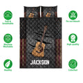 Acoustic guitar quilt bedding set shown with coordinating pillowcases and feature icons around the printed design