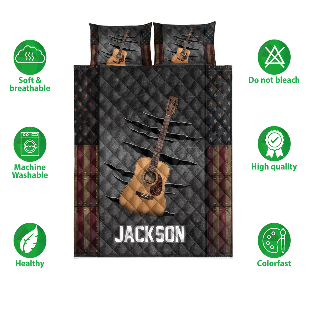 Acoustic guitar quilt bedding set shown with coordinating pillowcases and feature icons around the printed design
