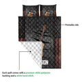 Acoustic guitar quilt showing the printed front, white quilted backing, and stitched construction in a product detail view