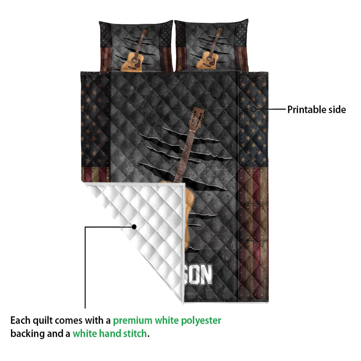 Acoustic guitar quilt showing the printed front, white quilted backing, and stitched construction in a product detail view