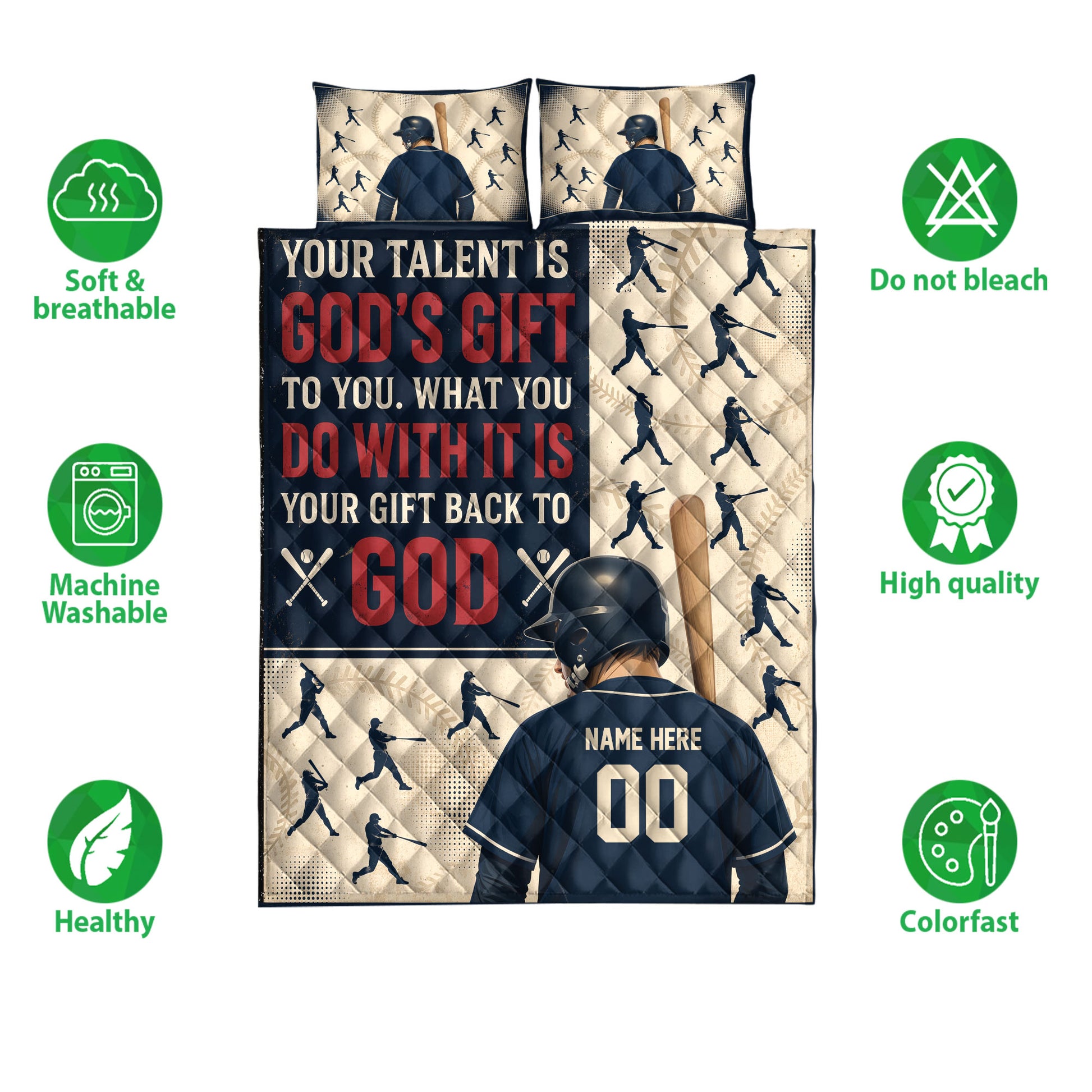 Baseball quilt bedding set shown with batter artwork and visual icons for softness, washing, and color