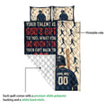 Baseball quilt close-up showing the printed front, quilted backing, batter artwork, and jersey-inspired design