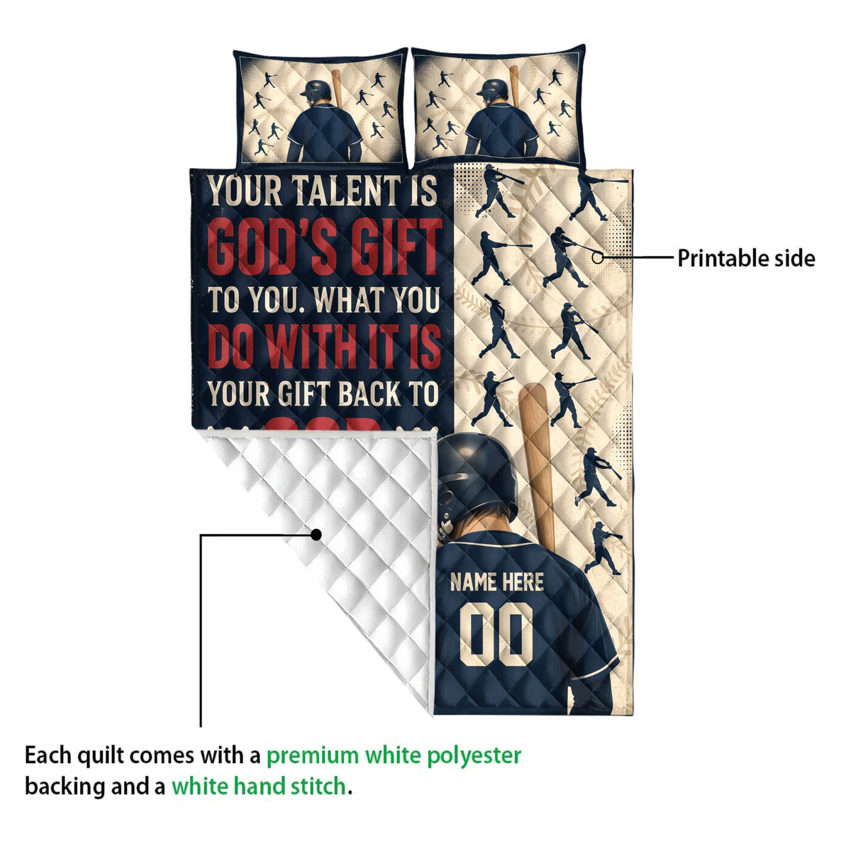 Baseball quilt close-up showing the printed front, quilted backing, batter artwork, and jersey-inspired design