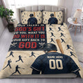 Baseball quilt blanket styled in a bright bedroom with player silhouettes, bats, baseballs, and bold typography