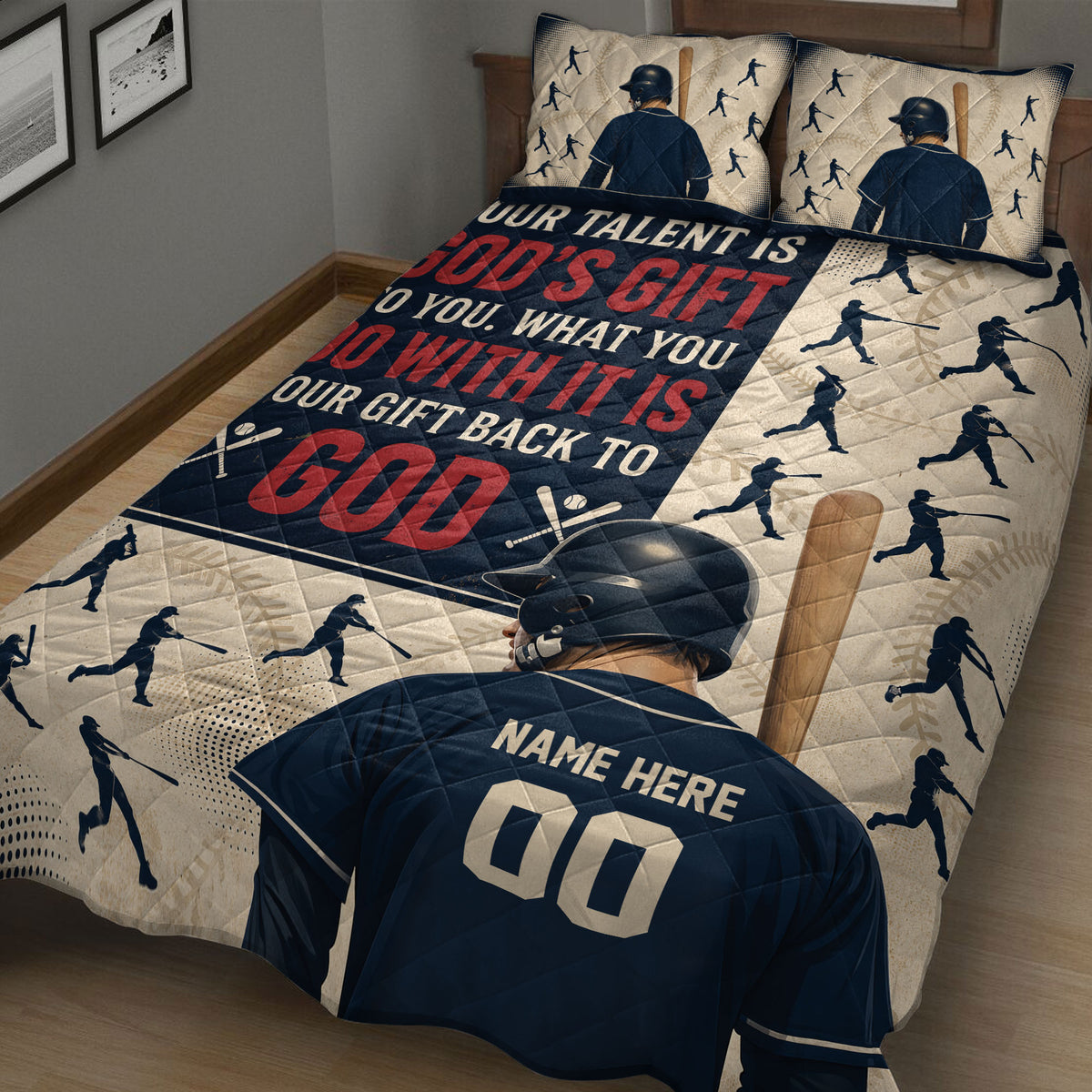 Baseball quilt bedding displayed in a bedroom with repeated batter silhouettes, baseball graphics, and navy red colors
