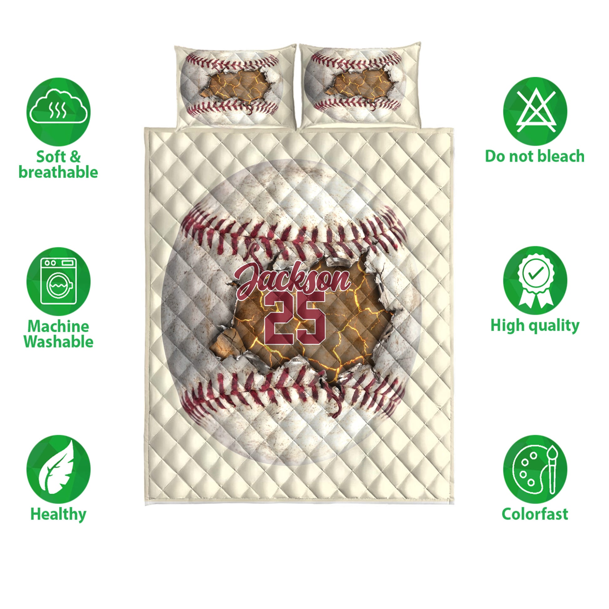 Baseball quilt bedding set shown with cracked baseball artwork and soft, breathable care feature icons