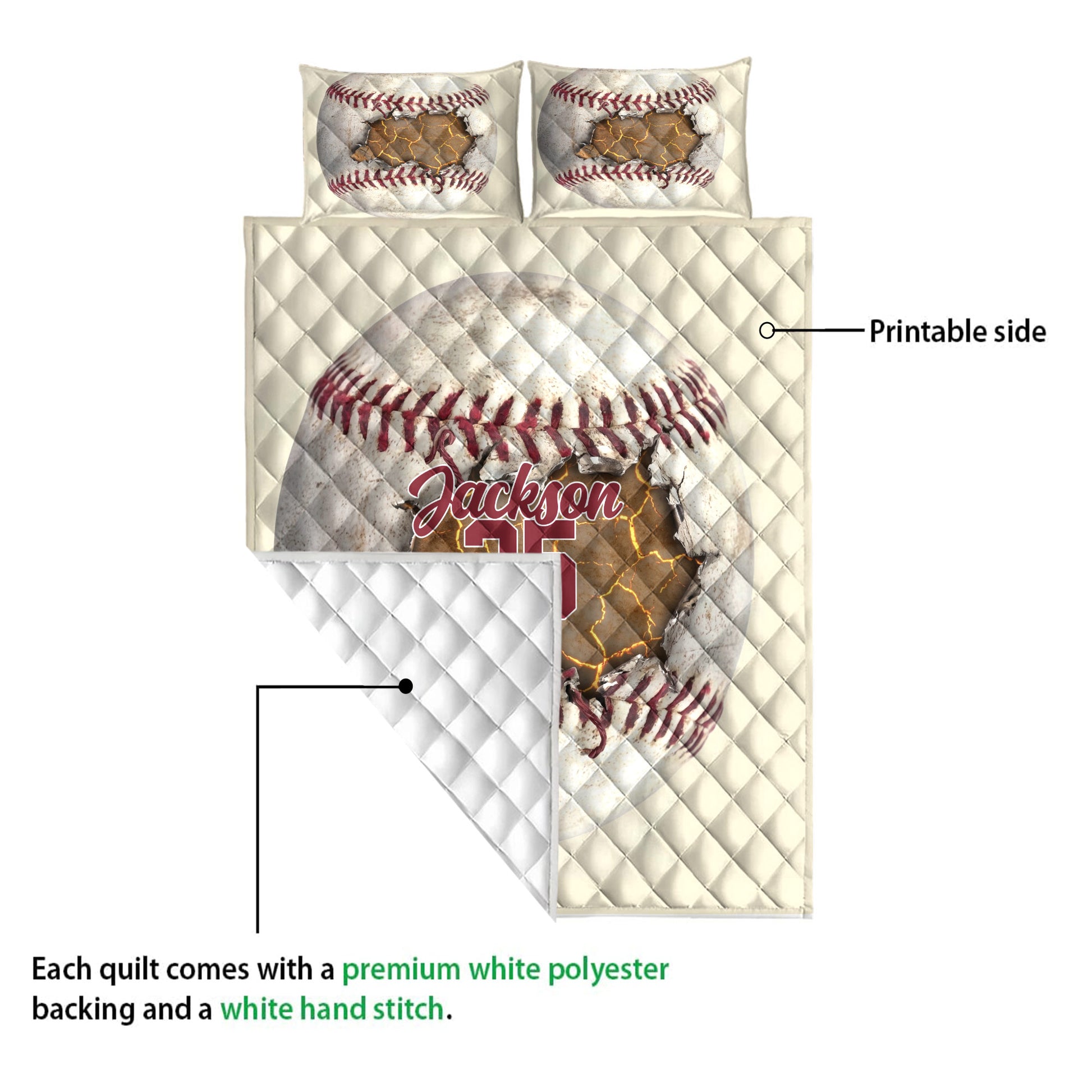 Baseball quilt showing the printed front and white diamond-stitched backing in a construction detail view