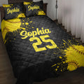 Black and yellow softball quilt blanket displayed on a bedroom bed with bold sports artwork