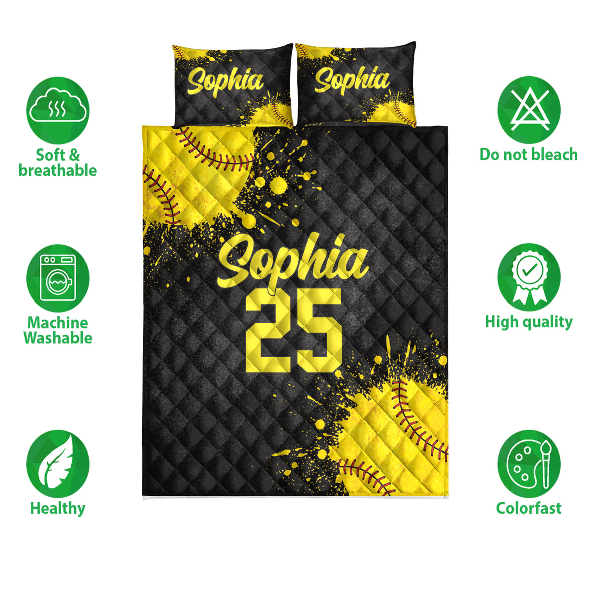 Black and yellow softball quilt bedding set shown with softball artwork and product feature icons