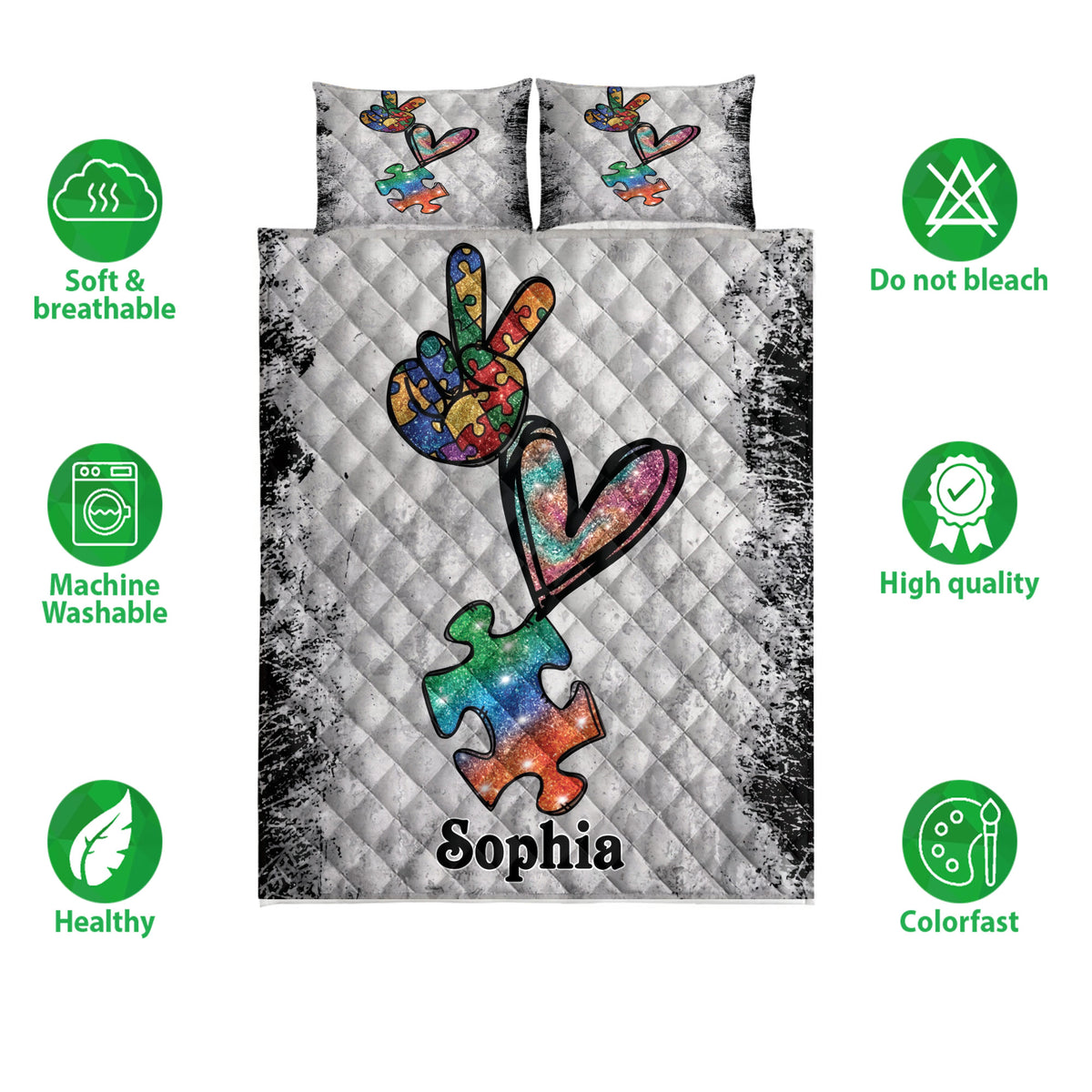 Autism quilt bedding set shown with colorful puzzle piece artwork and product feature icons around the bed