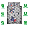 Texas quilt bedding set displayed with flag-inspired artwork, hearts, and a peace hand motif