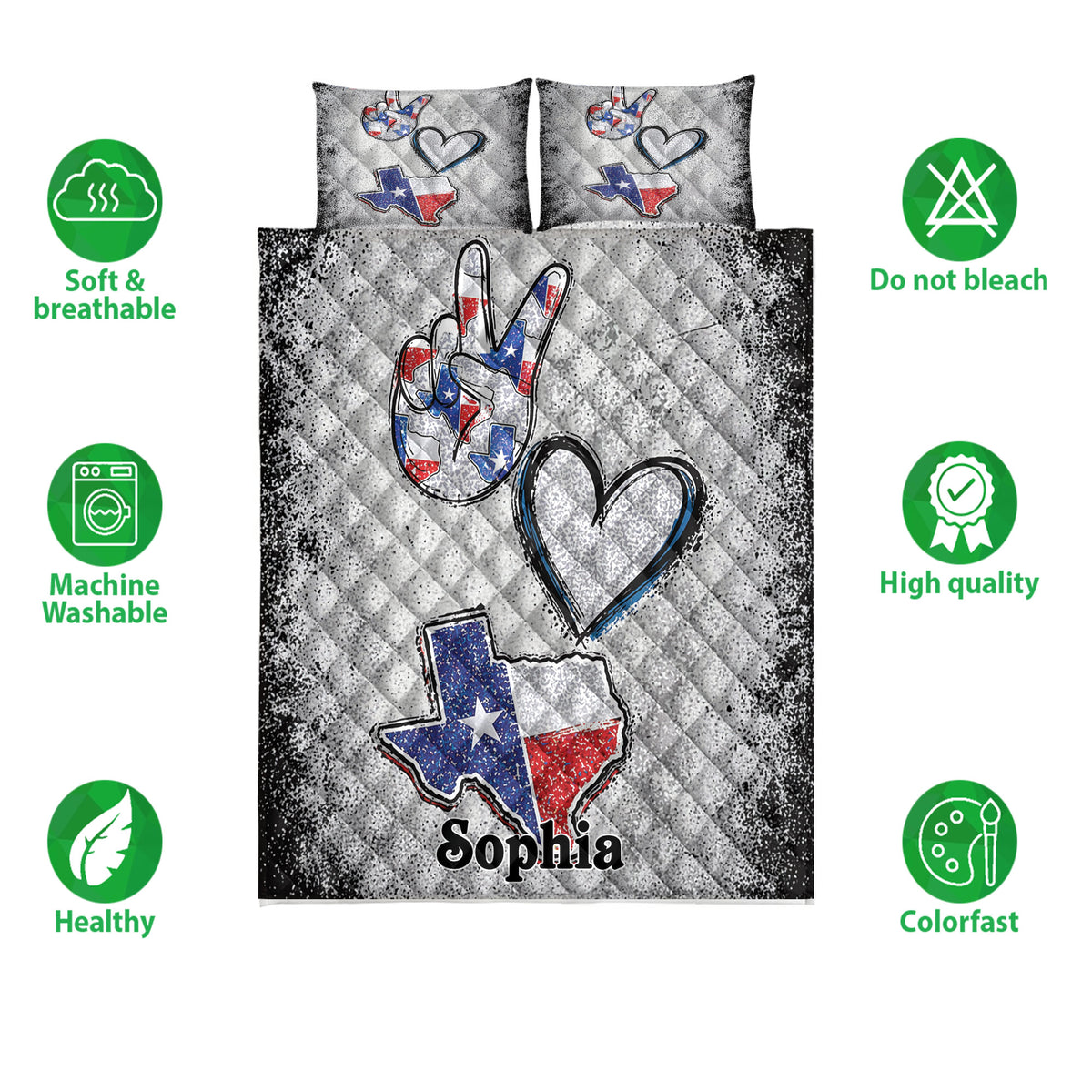 Texas quilt bedding set displayed with flag-inspired artwork, hearts, and a peace hand motif
