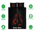 Boxing quilt bedding set presentation with red gloves on a black quilt and feature icons