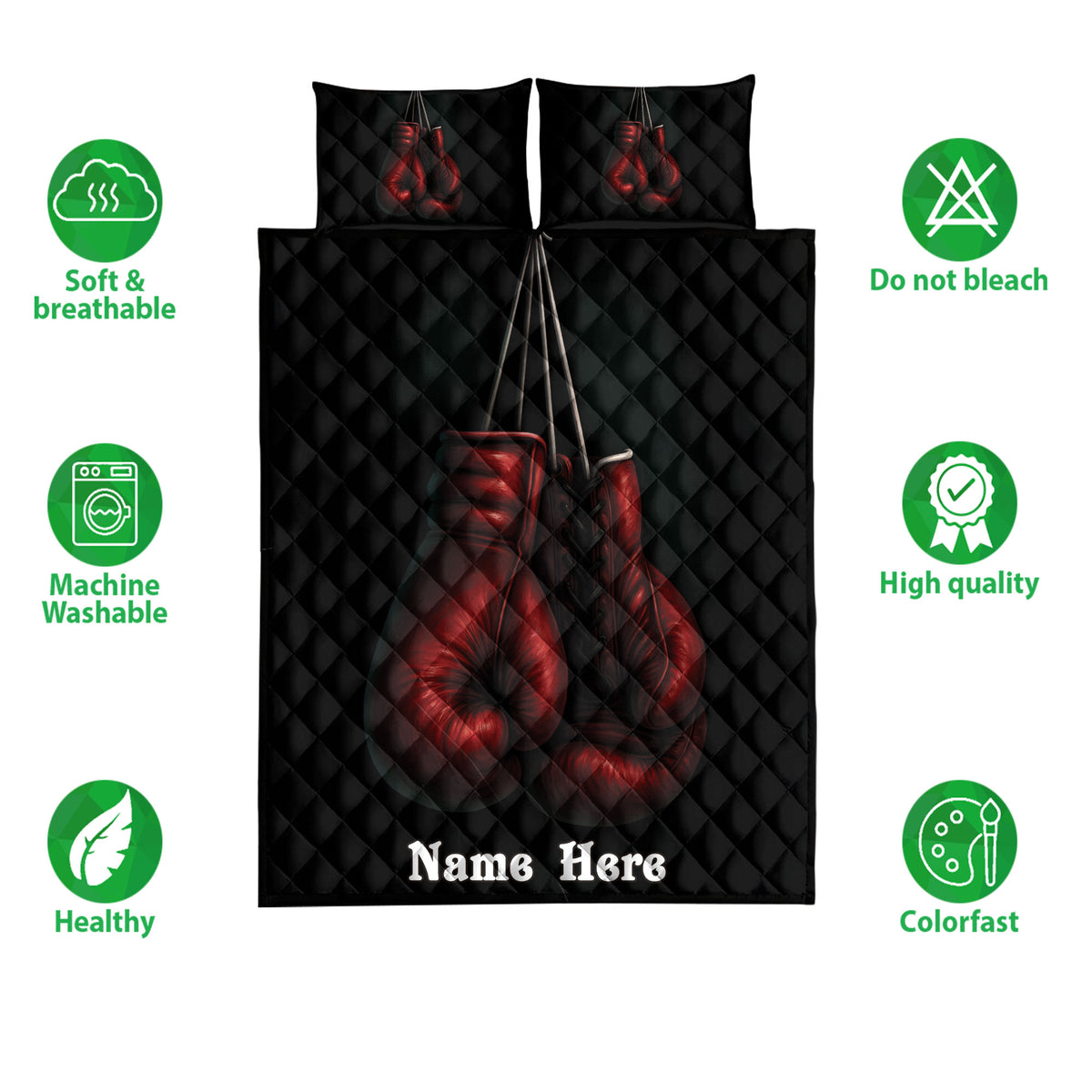 Boxing quilt bedding set presentation with red gloves on a black quilt and feature icons