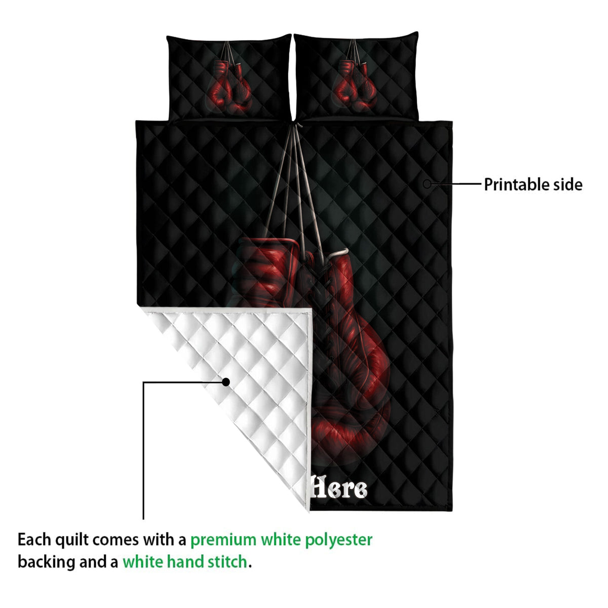 Boxing quilt blanket shown with red glove artwork, printable front side, and white backing