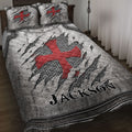 Knights Templar quilt blanket displayed on a bed with red cross, chainmail, and distressed armor artwork