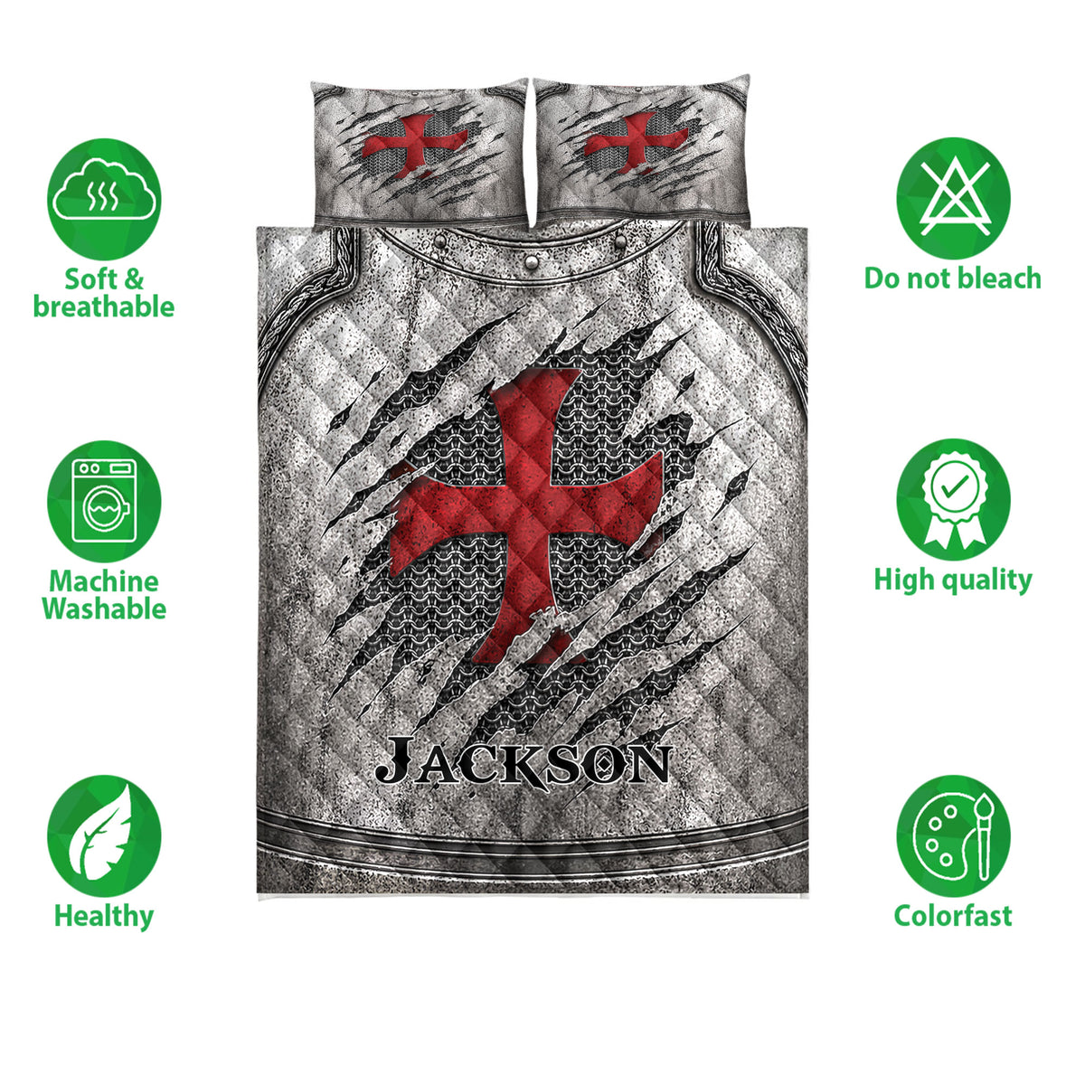 Knights Templar quilt bedding set shown with red cross artwork and soft, breathable, colorfast features