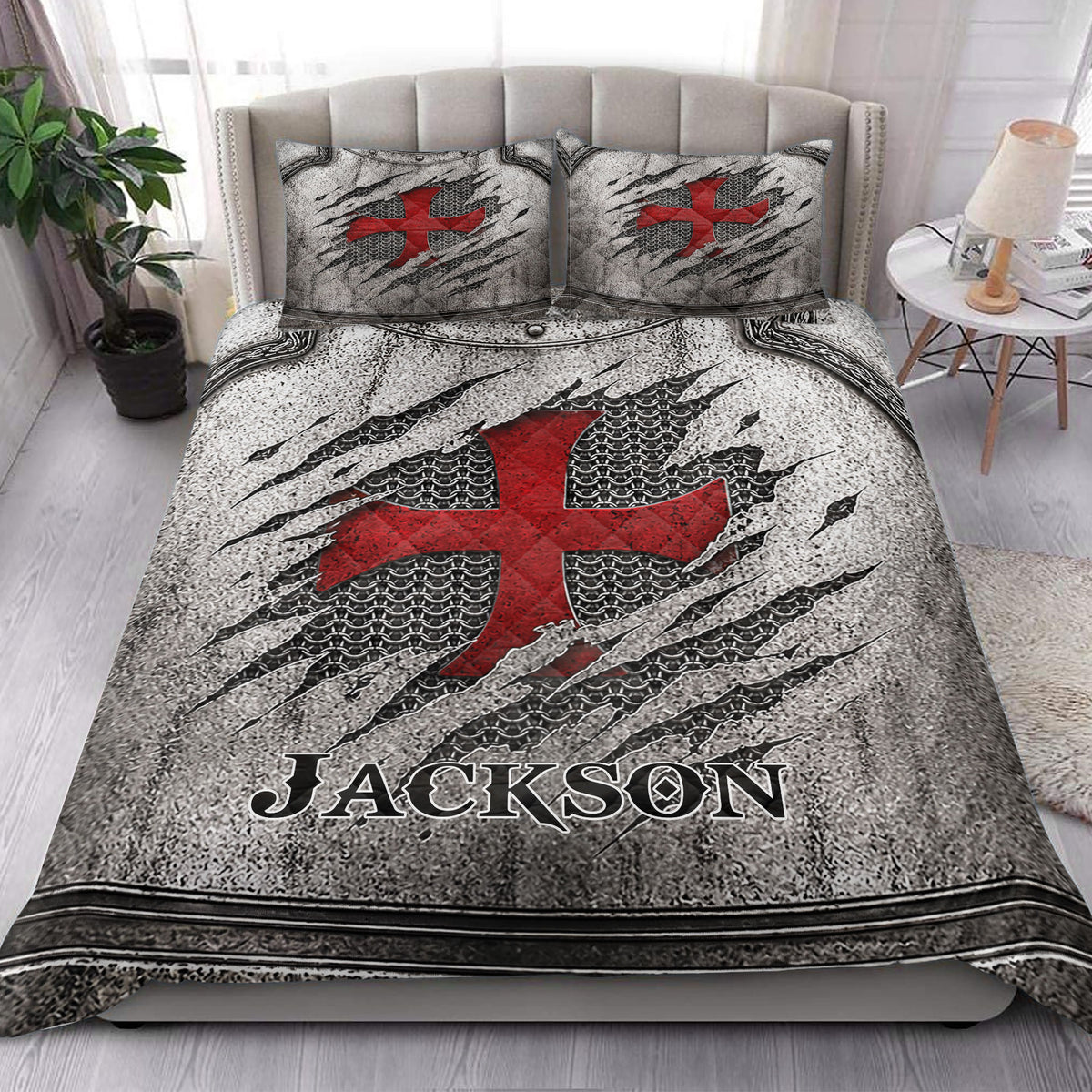 Knights Templar quilt blanket styled in a bright bedroom with dramatic red cross medieval artwork