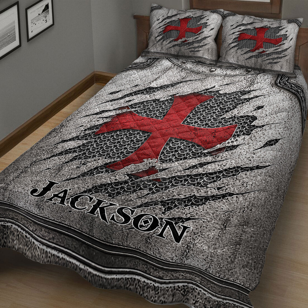 Close view of Knights Templar bedding with red cross, chainmail texture, and weathered gray armor design