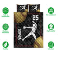 Softball quilt bedding set shown flat with pitcher artwork, softball graphics, and a bold black, red, and gold sports design