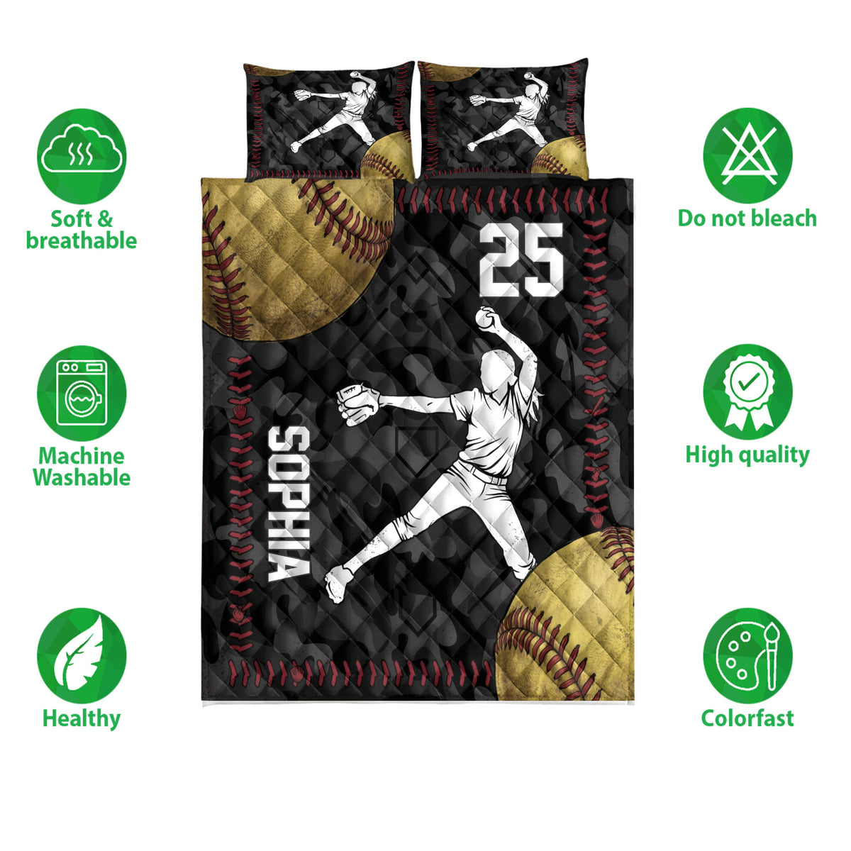 Softball quilt bedding set shown flat with pitcher artwork, softball graphics, and a bold black, red, and gold sports design