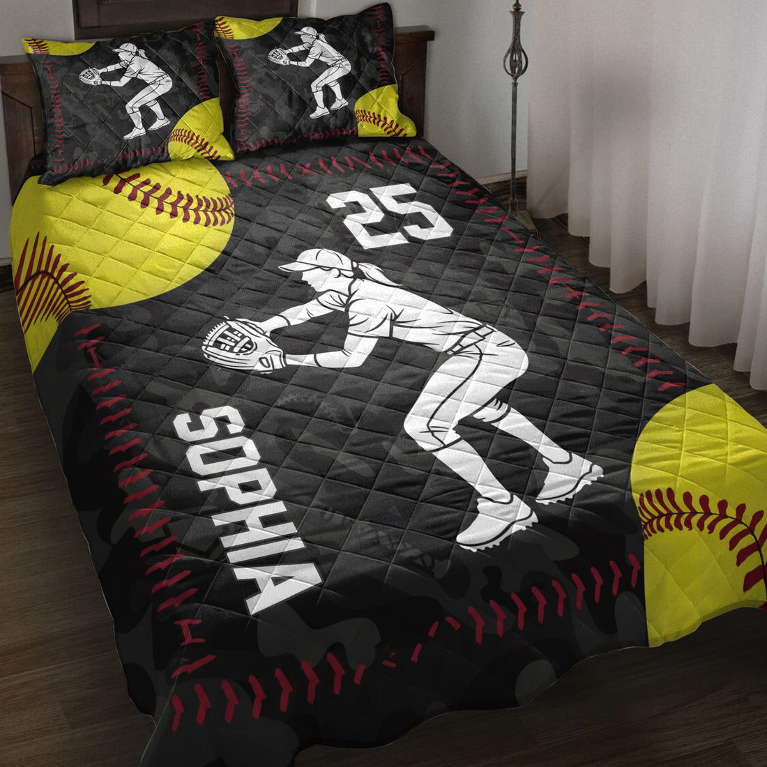 Softball quilt blanket set displayed on a bed with yellow softball graphics and female player artwork