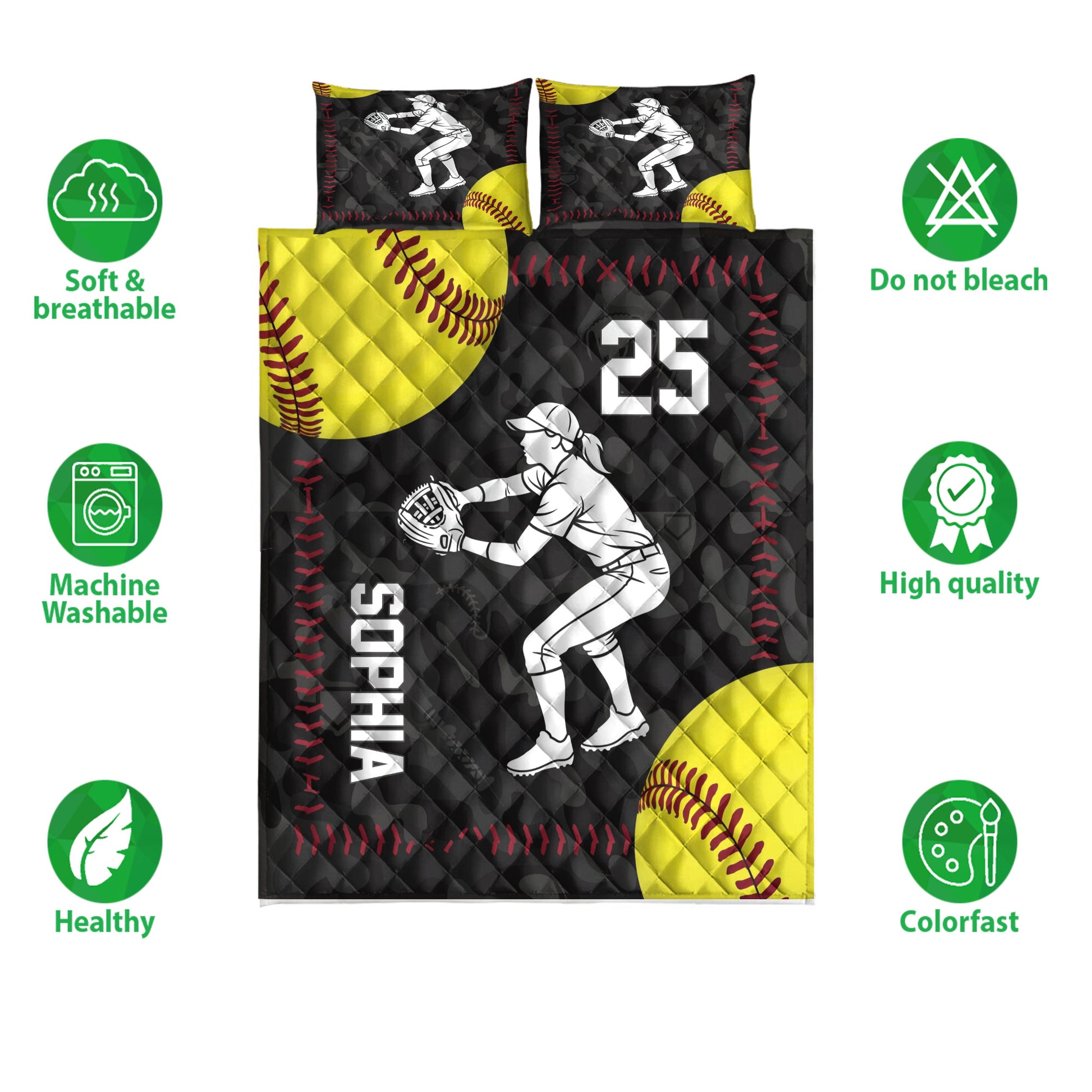 Softball quilt bedding set shown with yellow ball graphics, black quilting, and breathable design icons