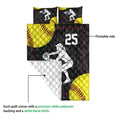 Softball quilt blanket showing the printed front and white quilted backing in a product detail view