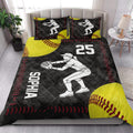 Softball bedding set styled in a bright bedroom with yellow softball graphics and female player artwork