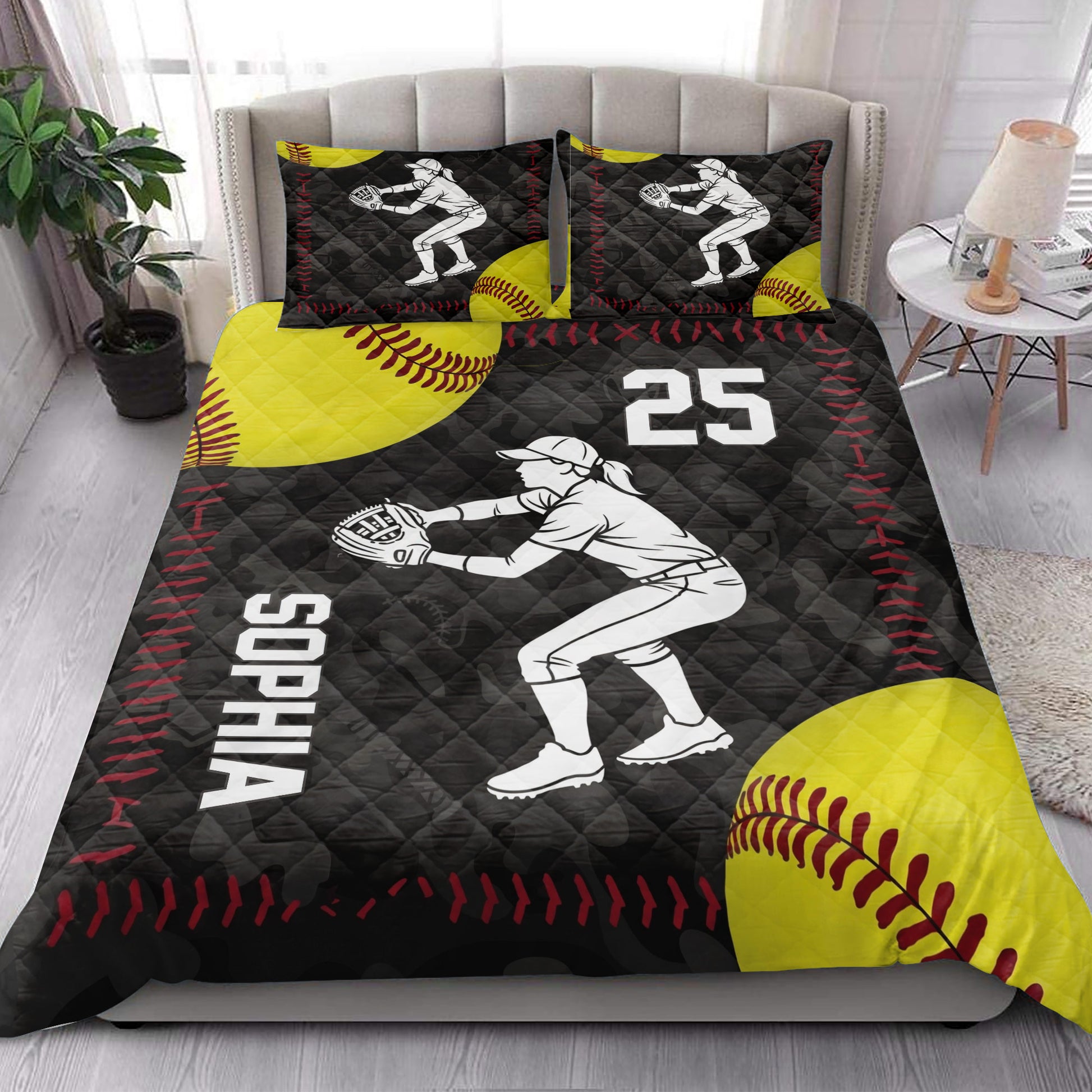 Softball bedding set styled in a bright bedroom with yellow softball graphics and female player artwork