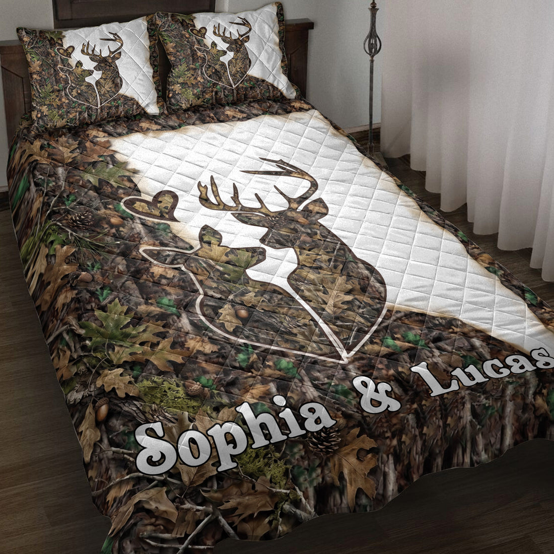 Deer quilt blanket displayed on a bed with woodland camouflage, leafy artwork, and white quilted accents