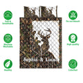 Deer quilt bedding set shown front-facing with woodland camouflage artwork and white quilted panels