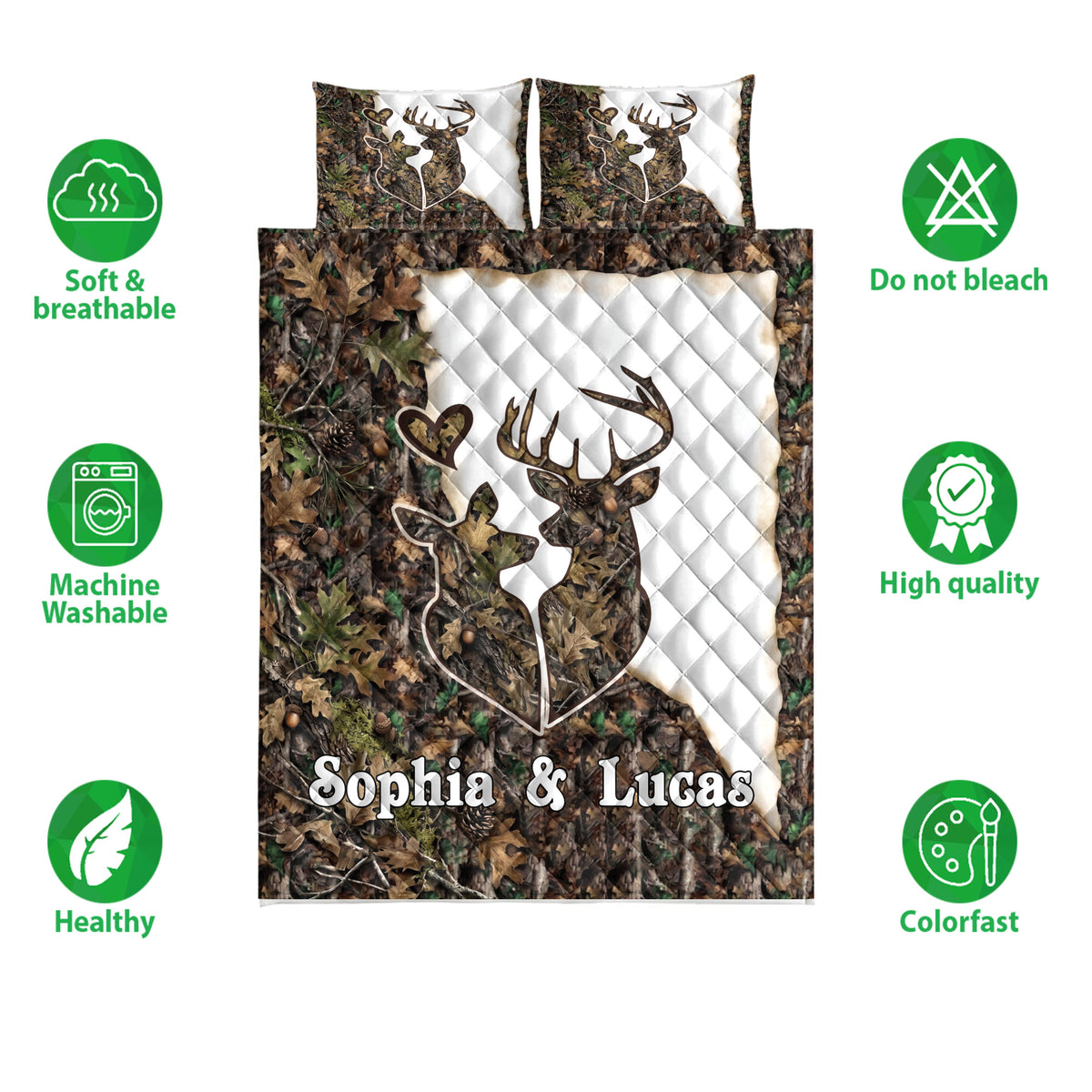 Deer quilt bedding set shown front-facing with woodland camouflage artwork and white quilted panels