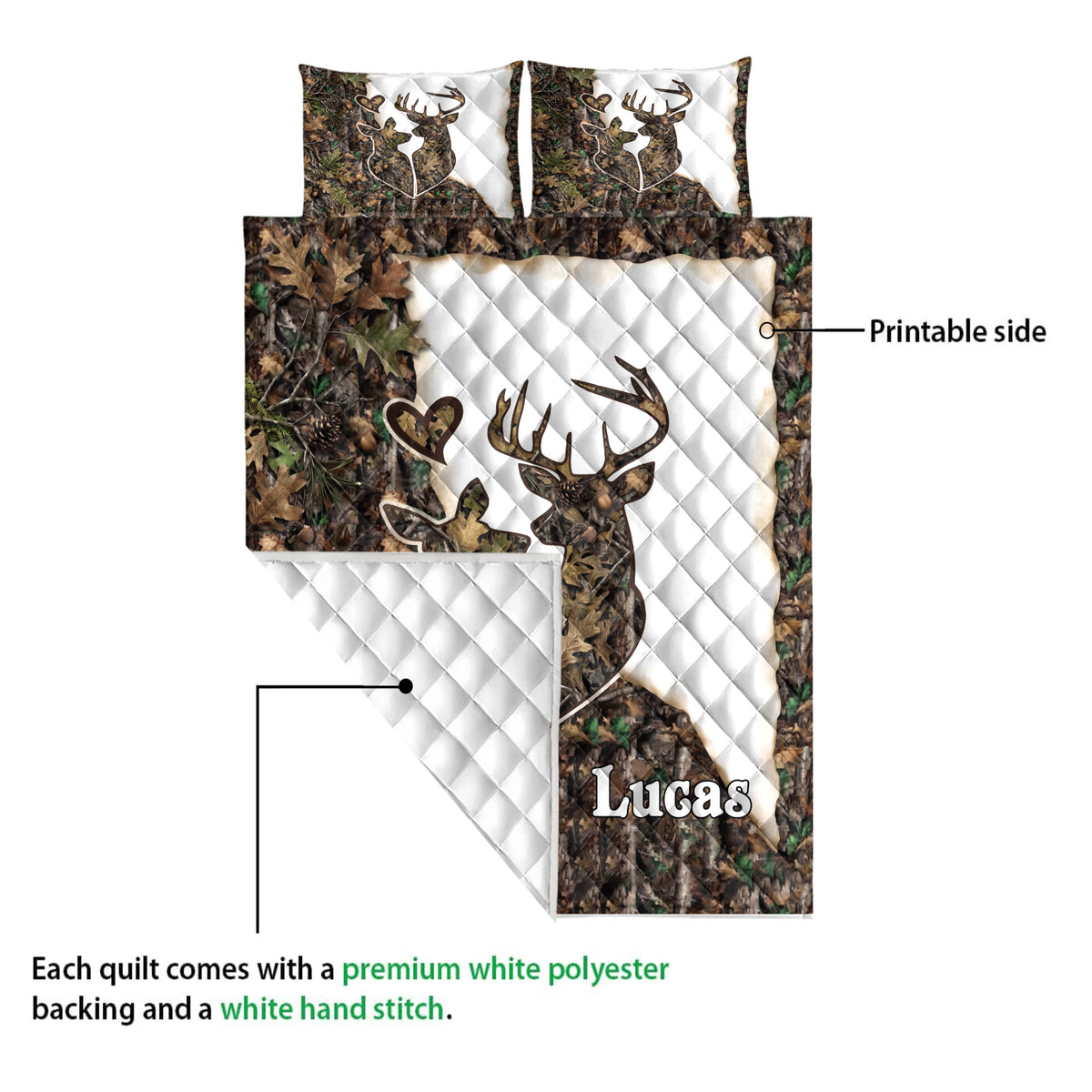 Deer quilt detail showing the printed woodland design, white quilted backing, and layered bed presentation