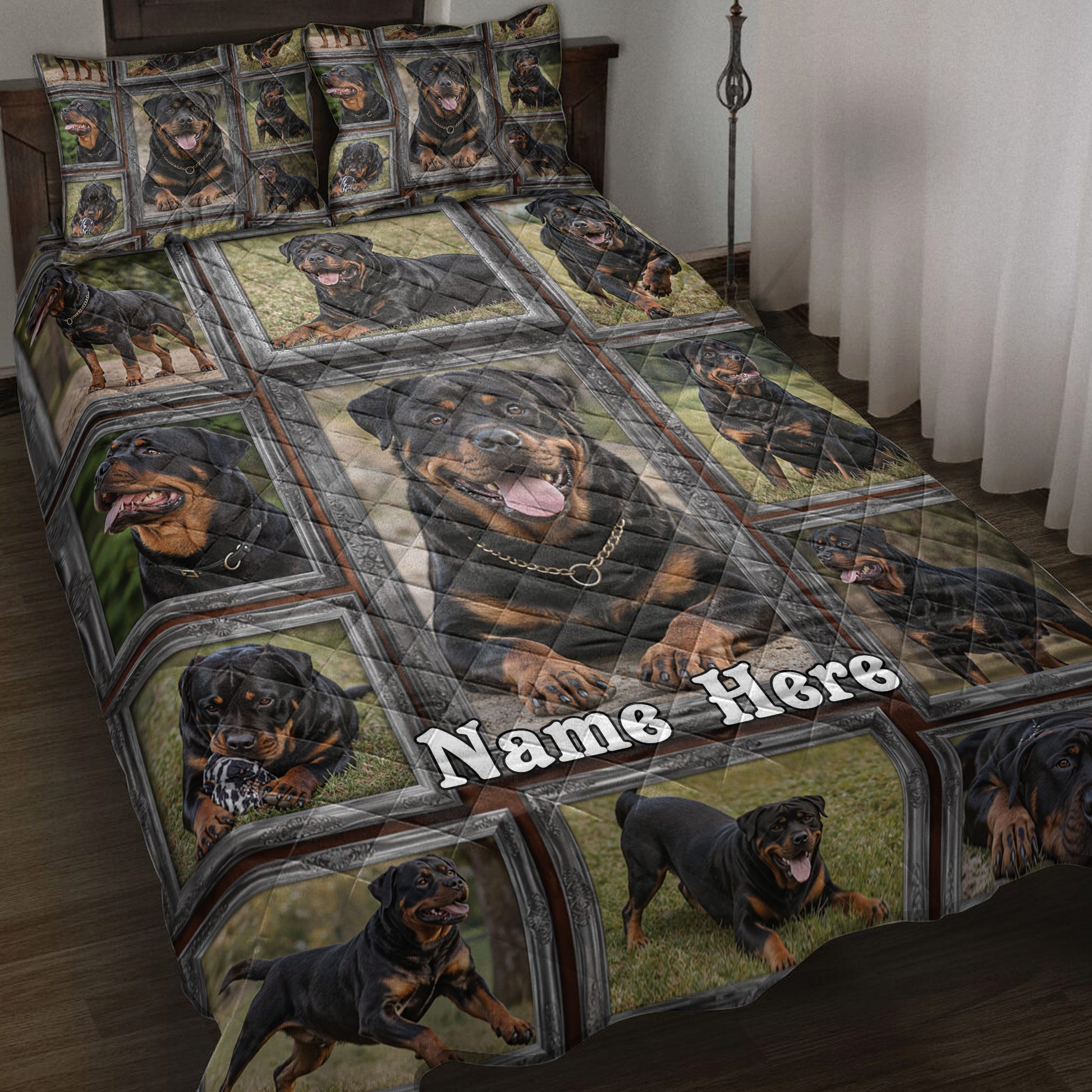 Rottweiler quilt blanket displayed on a bed with framed portraits of black and tan dogs