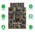 Rottweiler quilt bedding set presentation with repeated dog portraits and product feature icons