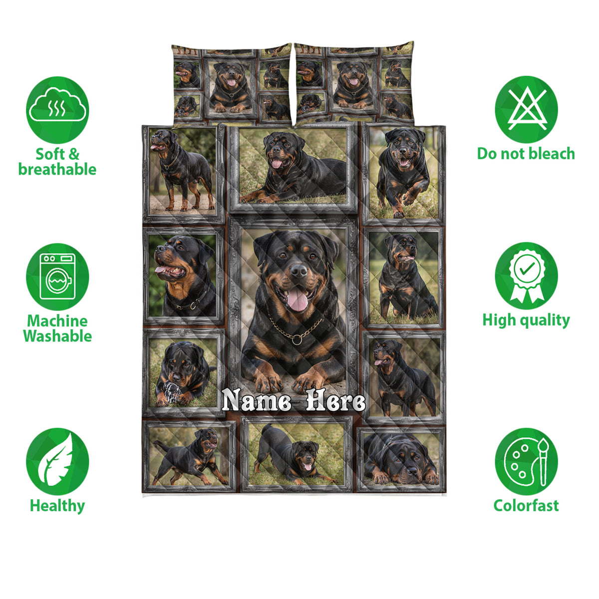 Rottweiler quilt bedding set presentation with repeated dog portraits and product feature icons