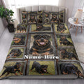 Rottweiler quilt blanket styled on a modern bed with matching dog portrait artwork