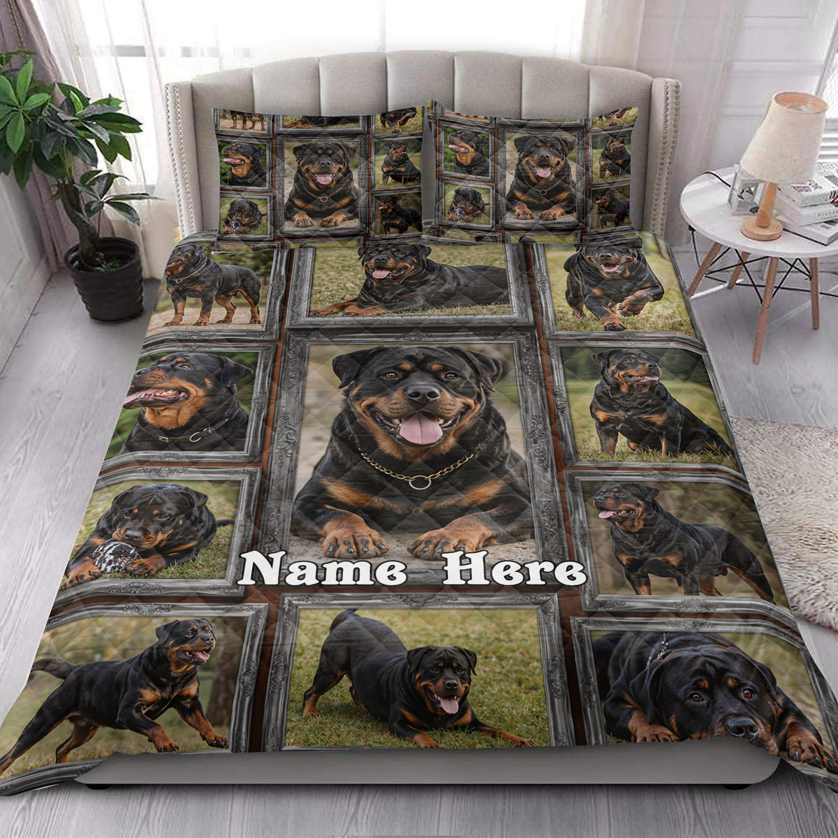 Rottweiler quilt blanket styled on a modern bed with matching dog portrait artwork