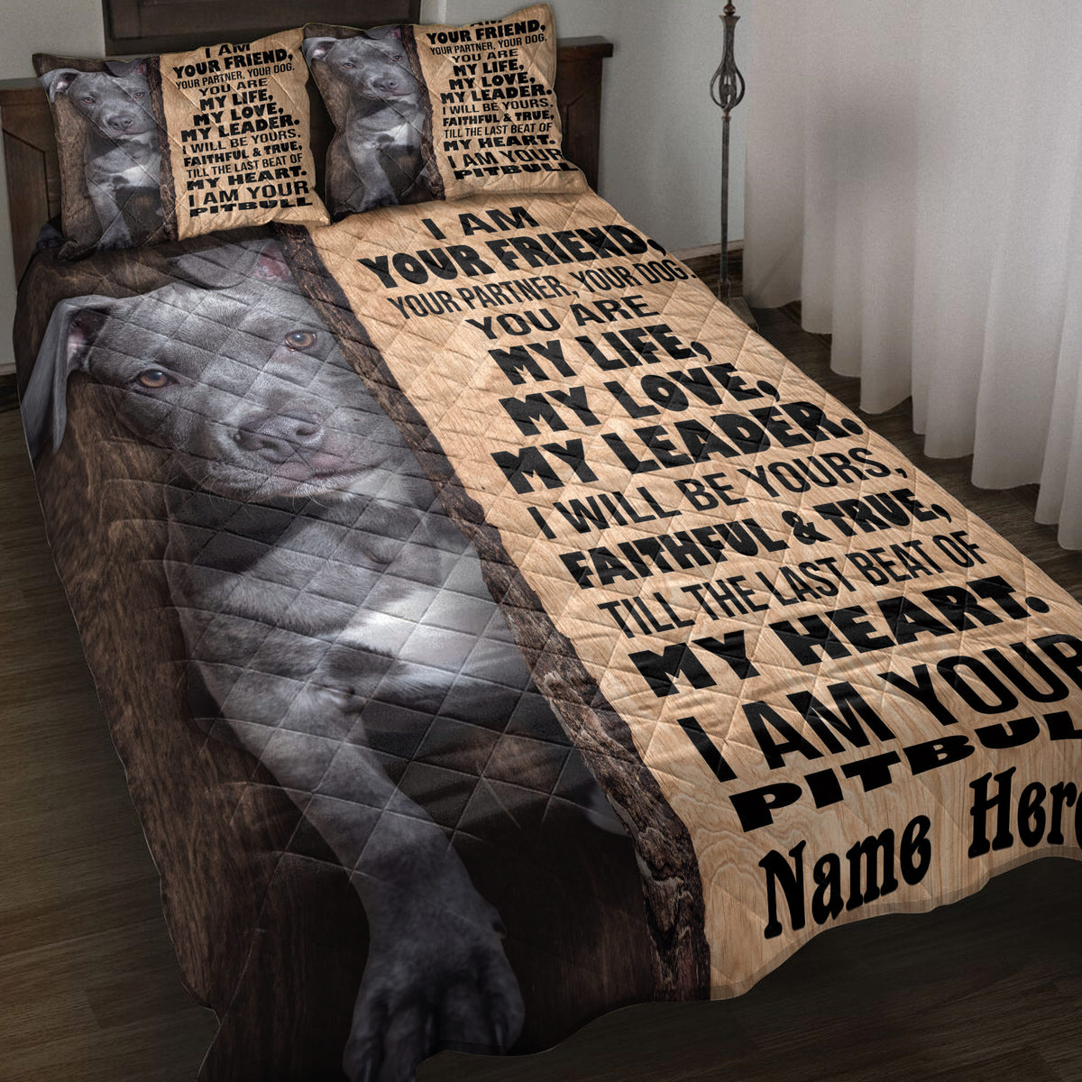American Staffordshire quilt blanket displayed on a bed with pit bull artwork and rustic wood background
